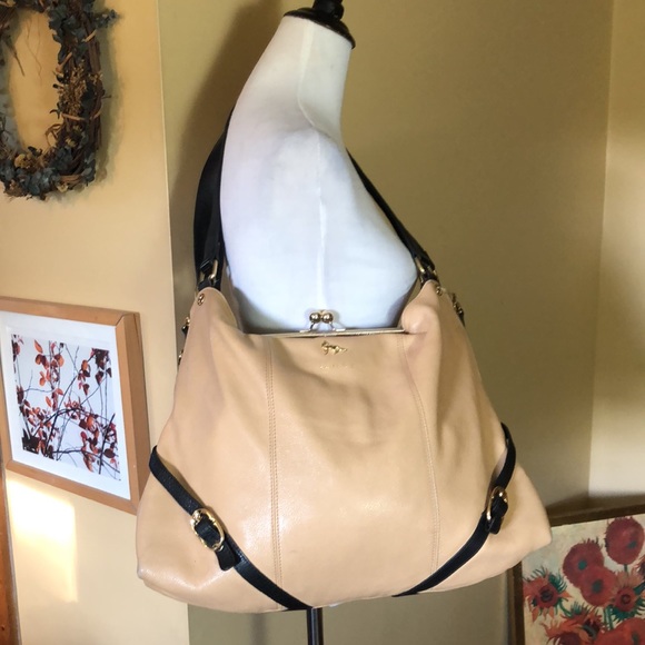 EMMA FOX Large Leather Hobo Shoulder Bag KissLock British Tan Black Elegant Luxe - Picture 1 of 16